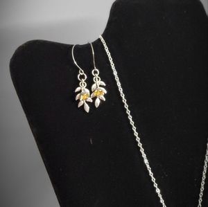 Silver chain necklace with flower branch pendant, and willow branch earring